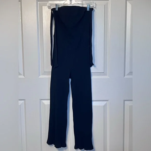 NBD Eden Jumpsuit Black Revolve Ribbed Off Shoulder Cropped Tie Size S - Picture 2 of 6